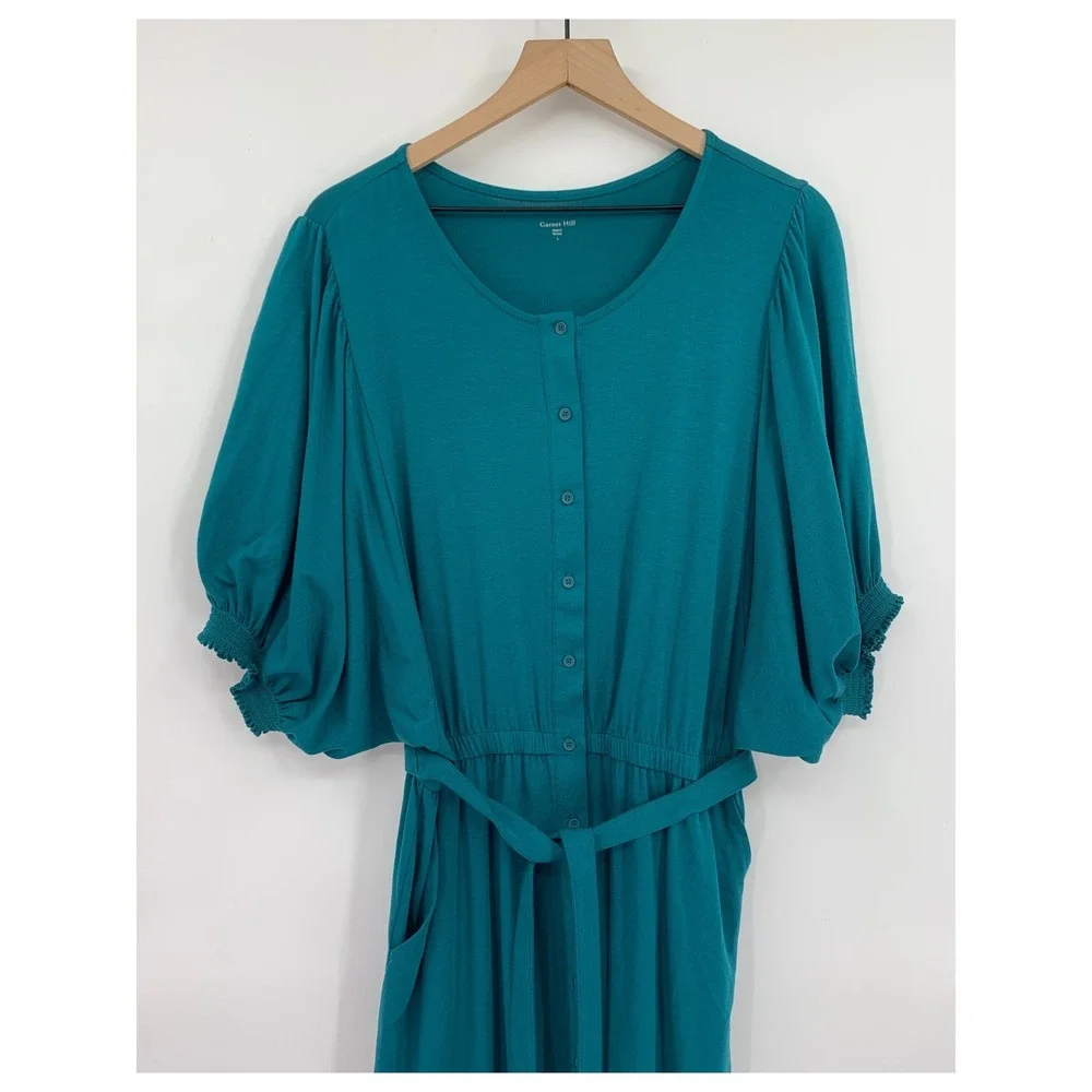 Garnet Hill Dress Womens Large Teal Puff Sleeve Belted Pockets Fall Soft Cozy